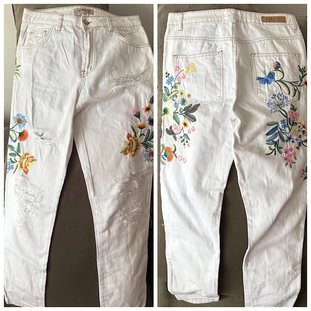 Kontatto | Embroidered Floral White Jeans